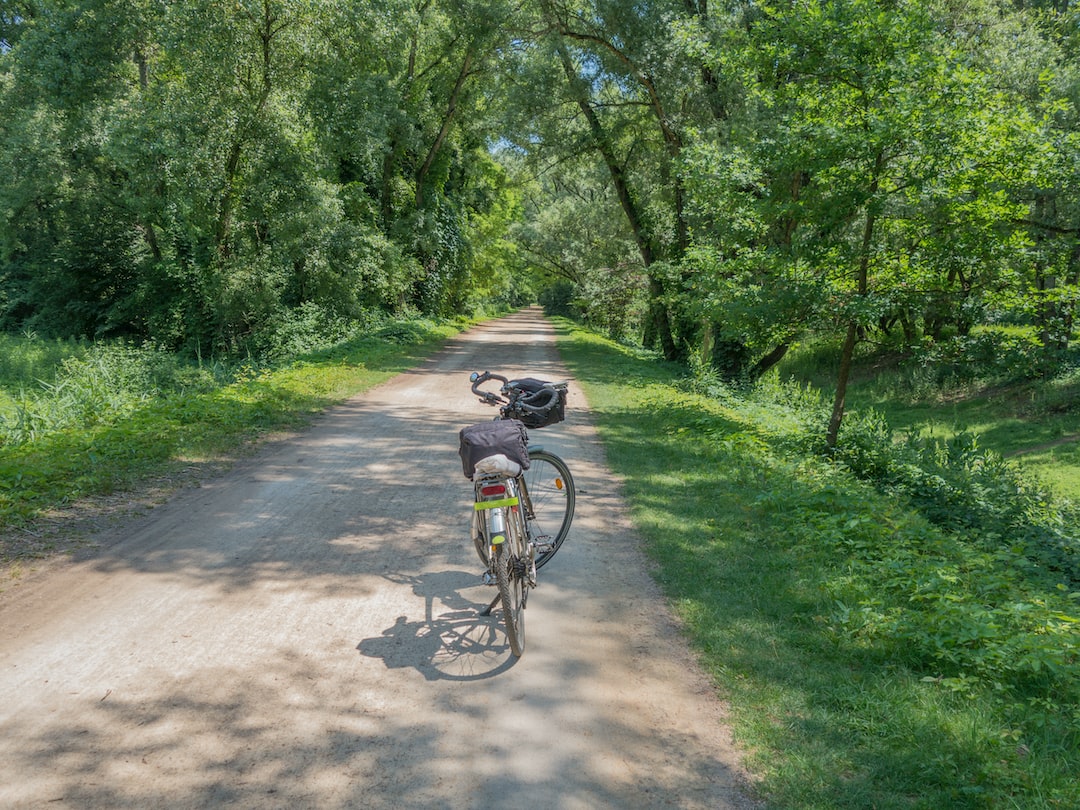a person riding a bike on a dirt road surrounded by trees
