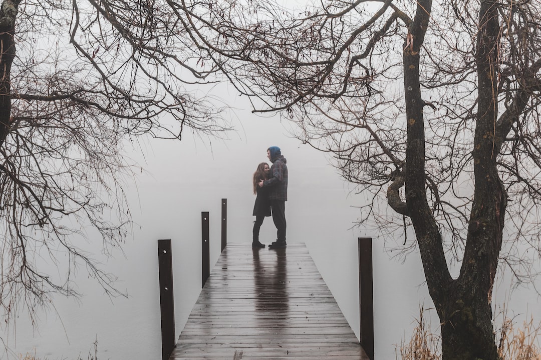 man and woman facing each other and standing on beach dock surrounded with bare trees under foggy season