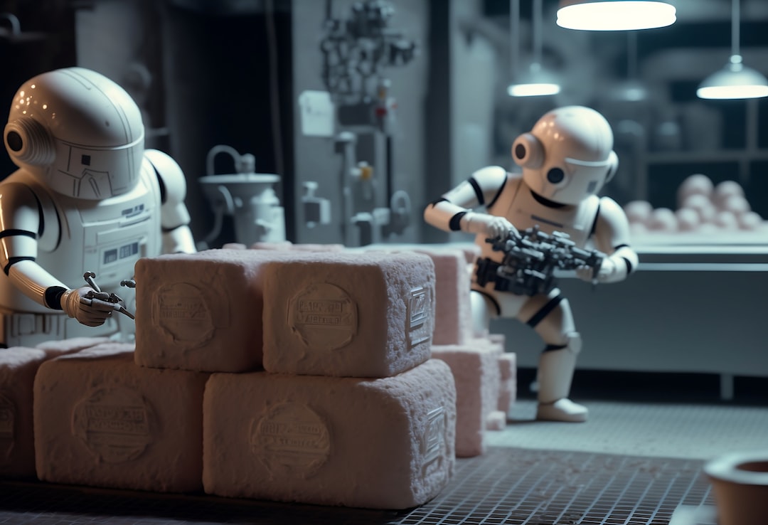 a robot holding a gun next to a pile of rolls of toilet paper