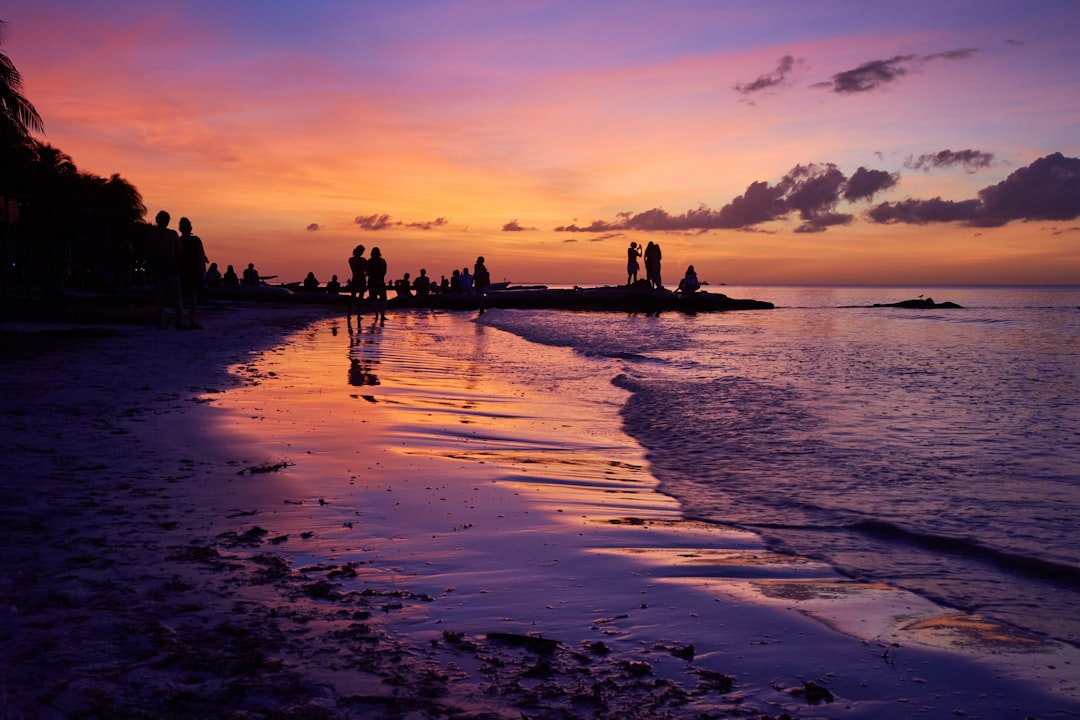 a beach at sunset with people walking on it