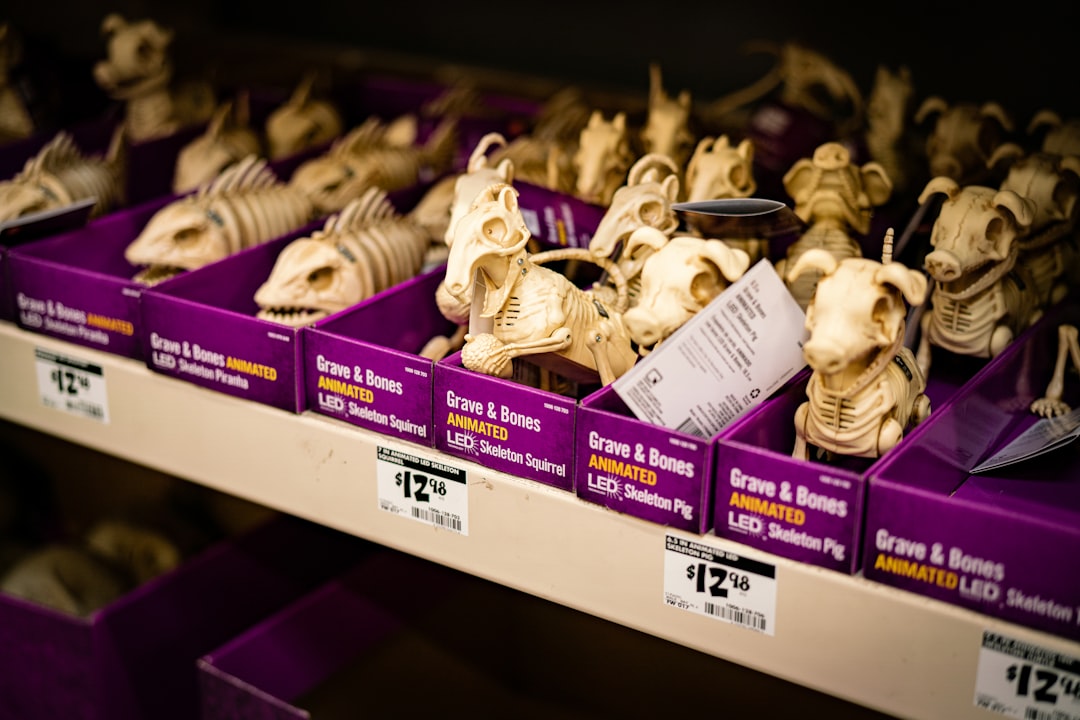 a display of human skulls in a store