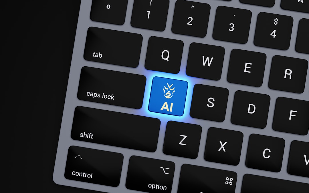 a close up of a keyboard with a blue button