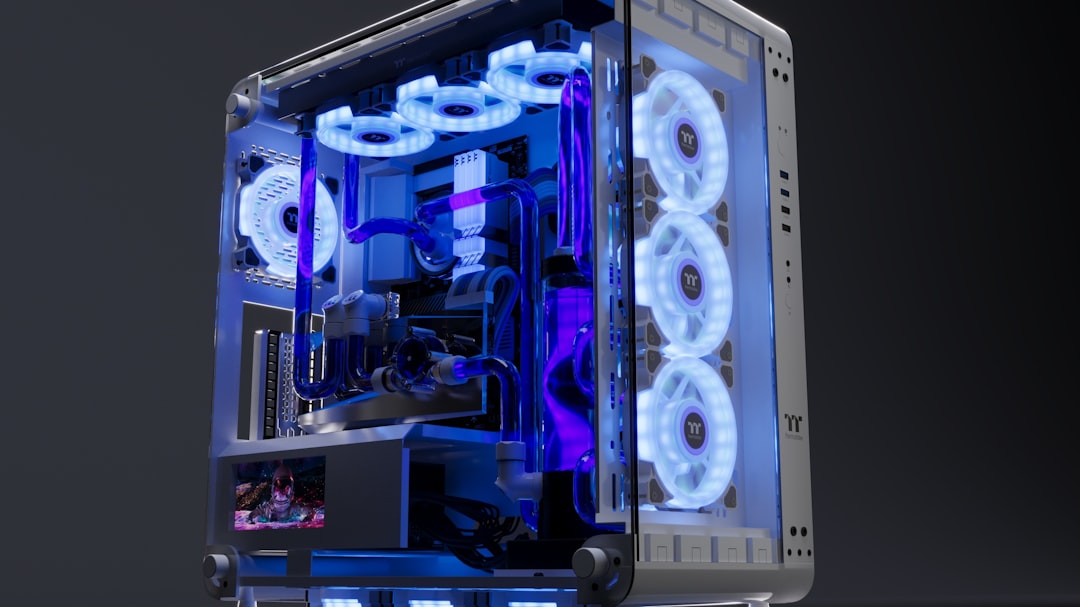 A computer case with a blue light inside of it